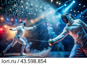Fencers in the arena with rapiers in their hands during training are fighting a duel. Sports fencing. Fencing is a type of Summer Olympic Games. Стоковое AI-изображение, AI-художник Photojuli / Фотобанк Лори