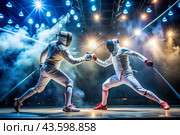 Fencers in the arena with rapiers in their hands during training are fighting a duel. Sports fencing. Fencing is a type of Summer Olympic Games. Стоковое AI-изображение, AI-художник Photojuli / Фотобанк Лори