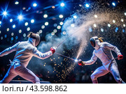 Fencers in the arena with rapiers in their hands during training are fighting a duel. Sports fencing. Fencing is a type of Summer Olympic Games. Стоковое AI-изображение, AI-художник Photojuli / Фотобанк Лори