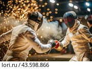 Fencers in the arena with rapiers in their hands during training are fighting a duel. Sports fencing. Fencing is a type of Summer Olympic Games. Стоковое AI-изображение, AI-художник Photojuli / Фотобанк Лори
