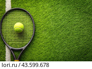 A yellow tennis ball and a tennis racket are lying on the lawn. A summer sport. Great tennis. Стоковое AI-изображение, AI-художник Photojuli / Фотобанк Лори