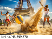 The moment when a volleyball falls on the sand is captured in the concept of summer Olympic sports against the background of a blurred Eiffel Tower. Стоковое AI-изображение, AI-художник Photojuli / Фотобанк Лори