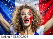A beautiful athlete or cheerleader from France with joyful shouts after winning the competition at the Olympic Games against the background of the French flag. Стоковое AI-изображение, AI-художник Photojuli / Фотобанк Лори