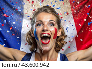A beautiful athlete or cheerleader from France with joyful shouts after winning the competition at the Olympic Games against the background of the French flag. Стоковое AI-изображение, AI-художник Photojuli / Фотобанк Лори