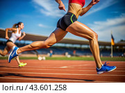 Legs of a black African-American athlete in close-up during a sprint race at a sporting event. The concept of the Summer Olympic Games. Стоковое AI-изображение, AI-художник Photojuli / Фотобанк Лори