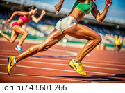 Legs of a black African-American athlete in close-up during a sprint race at a sporting event. The concept of the Summer Olympic Games. Стоковое AI-изображение, AI-художник Photojuli / Фотобанк Лори