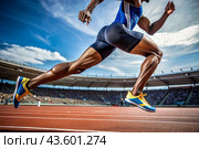 The legs of a black African-American athlete in close-up during a sprint race at a sporting event. The concept of the Summer Olympic Games. Стоковое AI-изображение, AI-художник Photojuli / Фотобанк Лори