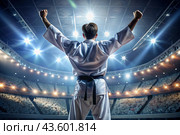 A karate athlete proudly raises his hands in the stadium in the light of spotlights and spotlights after becoming an Olympic champion. Стоковое AI-изображение, AI-художник Photojuli / Фотобанк Лори