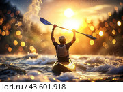 A kayaker celebrates his victory with an oar in his hands on a blurred background of the river. Kayaker at the Summer Olympics. Стоковое AI-изображение, AI-художник Photojuli / Фотобанк Лори