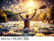 A kayaker celebrates his victory with an oar in his hands on a blurred background of the river. Kayaker at the Summer Olympics. Стоковое AI-изображение, AI-художник Photojuli / Фотобанк Лори