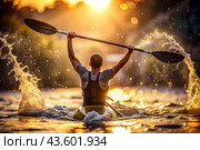 A kayaker celebrates his victory with an oar in his hands on a blurred background of the river. Kayaker at the Summer Olympics. Стоковое AI-изображение, AI-художник Photojuli / Фотобанк Лори