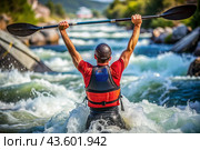 A kayaker celebrates his victory with an oar in his hands on a blurred background of the river. Kayaker at the Summer Olympics. Стоковое AI-изображение, AI-художник Photojuli / Фотобанк Лори