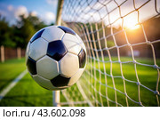 Goal. A soccer ball in the goal net, against a background of sparkling lights and a blurred background. Стоковое AI-изображение, AI-художник Photojuli / Фотобанк Лори