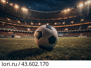 Soccer ball on the green field in soccer stadium. ready for game in the midfield. Стоковое AI-изображение, AI-художник Photojuli / Фотобанк Лори