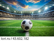 Soccer ball on the green field in soccer stadium. ready for game in the midfield. Стоковое AI-изображение, AI-художник Photojuli / Фотобанк Лори