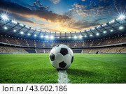 Soccer ball on the green field in soccer stadium. ready for game in the midfield. Стоковое AI-изображение, AI-художник Photojuli / Фотобанк Лори