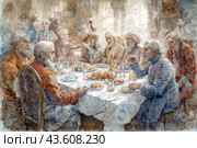 A group of elderly men with gray beards gathered at a festive table. They are dressed in traditional Russian clothes, reminiscent of a kaftan or robe, mostly in red and blue shades. The table is covered with a white tablecloth and there are food dishes and drinks on it. There is also a young woman at the table wearing a traditional Russian kokoshnik, serving food. The scene conveys an atmosphere of celebration and hospitality. Стоковое AI-изображение, AI-художник Анна Кривицкая / Фотобанк Лори