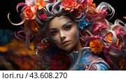 A young woman with a creative and fantasy hairstyle, decorated with bright and voluminous flowers that smoothly turn into curls of her hair. The girl's face is decorated with decorative elements in the form of wavy lines. Her gaze is directed directly at the camera, creating a feeling of a magical and mystical image. The background of the image is darkened, which emphasizes the brightness and richness of the colors in the girl’s hairstyle and makeup. Стоковое AI-изображение, AI-художник Анна Кривицкая / Фотобанк Лори