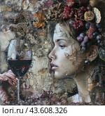 Young woman with a thoughtful look holding a glass of red wine. Bunches of grapes and leaves are woven into her hairstyle, which gives the image an allusion to the ancient goddess of winemaking or the muse of art. The painting is made in a stylized manner with elements of craquelure and textures, creating a feeling of antiquity and mystery. The color scheme is designed in warm colors with an emphasis on the rich red color of wine and fruit. Стоковое AI-изображение, AI-художник Анна Кривицкая / Фотобанк Лори