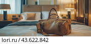 Duffel Bag on Bed. Стоковое AI-изображение, AI-художник Юлия Гапеенко / Фотобанк Лори