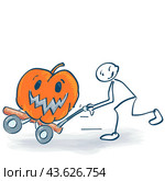 Stick figure with sack truck and thick pumpkin at harvest. Стоковая иллюстрация, иллюстратор U Pixel / PantherMedia / Фотобанк Лори