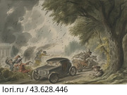 A dramatic robbery scene. In the foreground, a vintage car is visible, around which the events unfold. One of the robbers, dressed in period costume, aims a gun at what are presumably the fleeing people. Several other figures are visible in the distance, one of which is lying on the ground, and another is riding a horse. The scene is filled with movement and tension, conveyed through stylized lines and muted colors. The atmosphere around is filled with smoke and chaos. Стоковое AI-изображение, AI-художник Анна Кривицкая / Фотобанк Лори