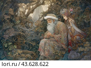 Two characters sitting in a mysterious forest. An elderly man with a long white beard, dressed in luxurious clothes with oriental patterns, sits with his head bowed and his hands folded. Next to him is a young woman in an elegant dress decorated with flowers. She gently touches the man's shoulder, expressing care and support. Around them there is dense vegetation and intricately curved tree branches, creating an atmosphere of magic and mystery. Стоковое AI-изображение, AI-художник Анна Кривицкая / Фотобанк Лори