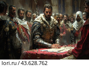 The historical moment of signing an important document. In the center of the stage stands a king or knight in armor and luxurious clothes, decorated with fur and precious jewelry. Other important figures gathered around him, dressed in ceremonial attire. The atmosphere around is filled with solemnity and seriousness, which emphasizes the importance of the event taking place. Стоковое AI-изображение, AI-художник Анна Кривицкая / Фотобанк Лори