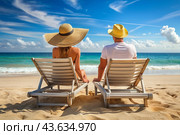 Мужчина и женщина загорают на песчаном пляже у моря. A man and a woman sunbathe on a sandy beach by the sea. Стоковое AI-изображение, AI-художник Гер Олег / Фотобанк Лори