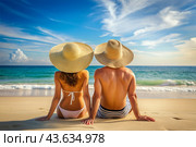 Мужчина и женщина загорают на песчаном пляже у моря. A man and a woman sunbathe on a sandy beach by the sea. Стоковое AI-изображение, AI-художник Гер Олег / Фотобанк Лори