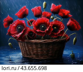Корзина ярких алых маков под каплями дождя. Натюрморт. Стоковое AI-изображение, AI-художник Сергей Елизарьев / Фотобанк Лори