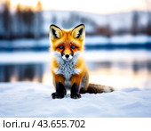 Fluffy fox cub on the shore of a winter lake. In the culture of almost all peoples of the world, the fox is presented as a cunning animal, and is one of the irreplaceable characters of the animal epic, occupying a prominent place in it. Стоковое AI-изображение, AI-художник Сергей Елизарьев / Фотобанк Лори