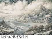 A magnificent mountain scene with high, snow-capped peaks and thick clouds framing the sky. In the center of the composition, undulating mountain ranges are visible, creating the impression of sea waves. In the foreground, there are trees and a small house in traditional Asian style. In the background, the sea is depicted with sailboats, giving the picture an atmosphere of ancient seafaring. The whole scene is done in pastel, muted colors, creating a sense of harmony and tranquility. Стоковое AI-изображение, AI-художник Анна Кривицкая / Фотобанк Лори