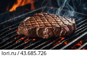A close-up of a perfectly grilled steak with searing grill marks, exuding smokey aromas over a fiery grill. Стоковое AI-изображение, AI-художник Tatiana Syrtseva / Фотобанк Лори