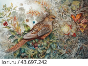 Bird sitting among richly decorated leaves and flowers. The bird's feathers are detailed using shades of brown, orange and gray, creating a sense of living texture. The background consists of intricate drawings of plants, intertwined lines and various natural elements, which creates the effect of a complex ornament. The painting conveys a sense of harmony between nature and artificiality, emphasizing the grace and beauty of flora and fauna. Стоковое AI-изображение, AI-художник Анна Кривицкая / Фотобанк Лори