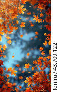autumn frame background with free place for text, maple leaves decorate a beautiful nature thanksgiving, scenery yellow red seasonal colorful mock up, blue background. Стоковое AI-изображение, AI-художник Ирина Михайличенко / Фотобанк Лори