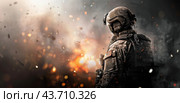 Soldier Standing Amidst Explosions. Стоковое AI-изображение, AI-художник Юлия Гапеенко / Фотобанк Лори