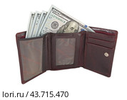 Раскрытый кошелек с американскими долларами на белом фоне. Wallet with dollars isolated on white background. Стоковое фото, фотограф Татьяна Д / Фотобанк Лори