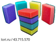 Разноцветные кухонные губки для очистки на белом фоне. Kitchen sponges. Стоковое фото, фотограф Татьяна Д / Фотобанк Лори