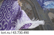 A young woman with long hair in an oriental robe and skullcap stands in the wind near an ancient mosque. Стоковое видео, видеограф Aleksey Kidisyuk / Фотобанк Лори