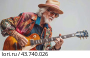 A man who is wearing a very stylish hat along with cool sunglasses is playing a beautiful guitar. Стоковое AI-видео, аниматор Юрий Поздников / Фотобанк Лори