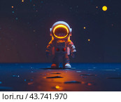 3d astronaut in space suit and helmet standing on the planet surface and looking at stars. Deep in space. Стоковое AI-изображение, AI-художник Катерина Ковалева / Фотобанк Лори