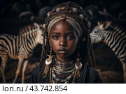 A beautiful black African girl in a traditional African national costume. Against the background of a zebra. The portrait symbolizes the traditions and beauty of the African people. Стоковое AI-изображение, AI-художник Photojuli / Фотобанк Лори