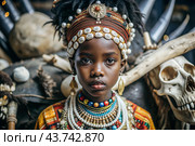 A beautiful black African girl in a traditional African national costume. Against the background of bones. The portrait symbolizes the traditions, culture and beauty of the African people. Стоковое AI-изображение, AI-художник Photojuli / Фотобанк Лори