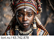 A beautiful black African girl in a traditional African national costume. Against the background of bones. The portrait symbolizes the traditions, culture and beauty of the African people. Стоковое AI-изображение, AI-художник Photojuli / Фотобанк Лори