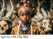 A beautiful black African girl in a traditional African national costume. Against the background of bones. The portrait symbolizes the traditions, culture and beauty of the African people. Стоковое AI-изображение, AI-художник Photojuli / Фотобанк Лори