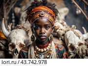 A beautiful black African girl in a traditional African national costume. Against the background of bones. The portrait symbolizes the traditions, culture and beauty of the African people. Стоковое AI-изображение, AI-художник Photojuli / Фотобанк Лори