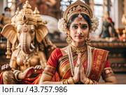 A beautiful Indian girl in a traditional Indian national costume, sari. Against the background of elephants. The portrait symbolizes the traditions, culture and beauty of the people of India. Стоковое AI-изображение, AI-художник Photojuli / Фотобанк Лори