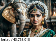 A beautiful Indian girl in a traditional Indian national costume, sari. Against the background of elephants. The portrait symbolizes the traditions, culture and beauty of the people of India. Стоковое AI-изображение, AI-художник Photojuli / Фотобанк Лори