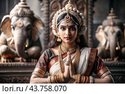 A beautiful Indian girl in a traditional Indian national costume, sari. Against the background of elephants. The portrait symbolizes the traditions, culture and beauty of the people of India. Стоковое AI-изображение, AI-художник Photojuli / Фотобанк Лори